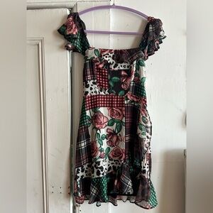 Miss Selfridge Floral Patchwork Mini Dress - Green, Pink, Black